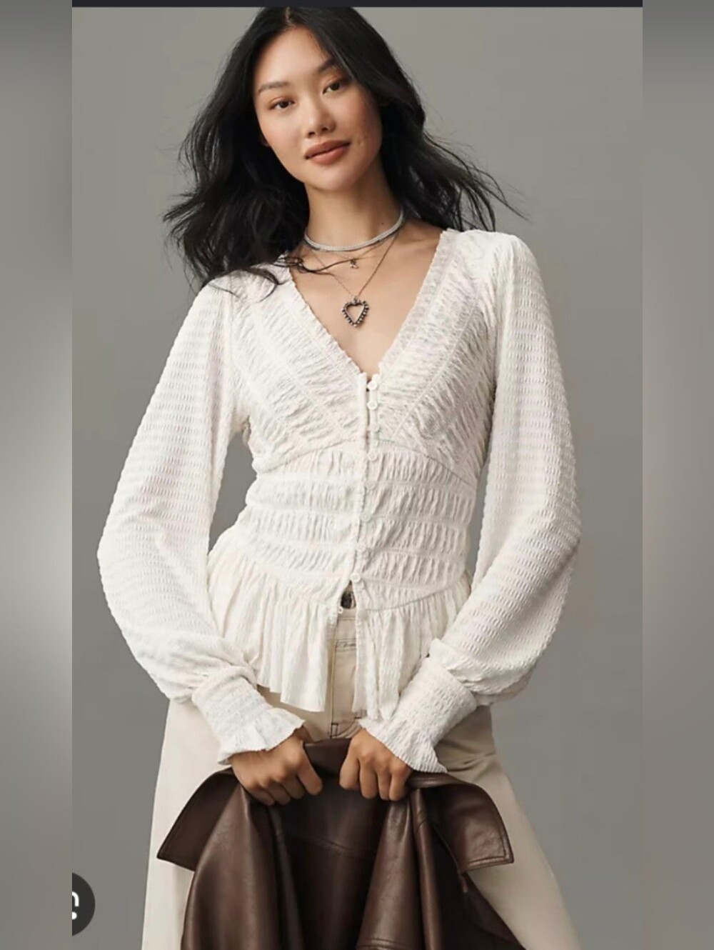 Anthropologie White/ivory Smocked Ruffle Peplum Blouse Size XS